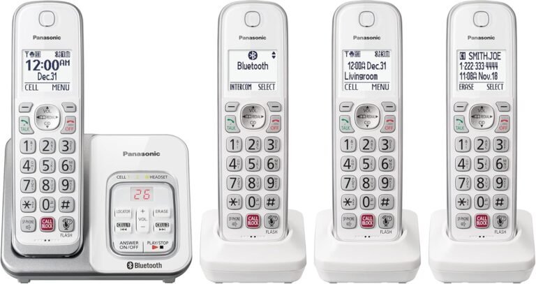 Panasonic Cordless Telephone with Answering Machine, Link2Cell Bluetooth, Voice Assistant and Superior Name Blocking, Expandable System with 4 Handsets – KX-TGD864W (White)