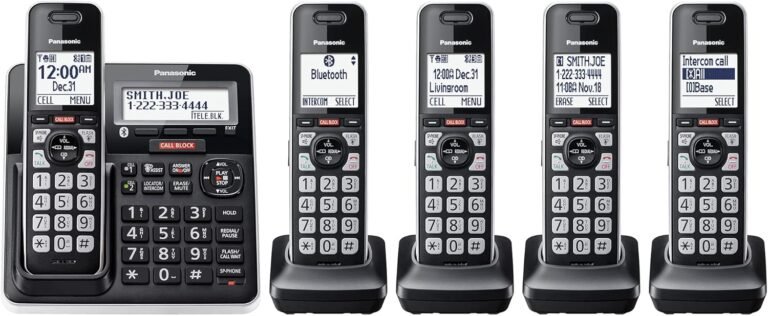 Panasonic Cordless Cellphone with Superior Name Block, Link2Cell Bluetooth, One-Ring Rip-off Alert, and 2-Method Recording with Answering Machine, 5 Handsets – KX-TGF975B (Black with Silver Trim)