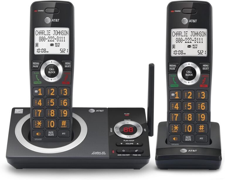 AT&T CL82219 DECT 6.0 2-Handset Cordless Telephone for House with Answering Machine, Name Blocking, Caller ID Announcer, Intercom and Lengthy Vary, Black