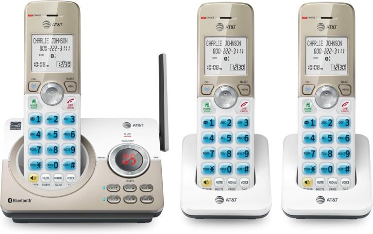 AT&T DL72319 DECT 6.0 3-Handset Cordless Cellphone for Residence with Connect with Cell, Name Blocking, 1.8″ Backlit Display, Huge Buttons, intercom, and Unsurpassed Vary