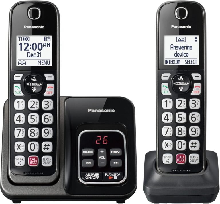 Panasonic Cordless Cellphone with Answering Machine, Superior Name Block, Bilingual Caller ID and Simple to Learn Excessive-Distinction Show, Expandable System with 2 Handsets – KX-TGD832M (Metallic Black)