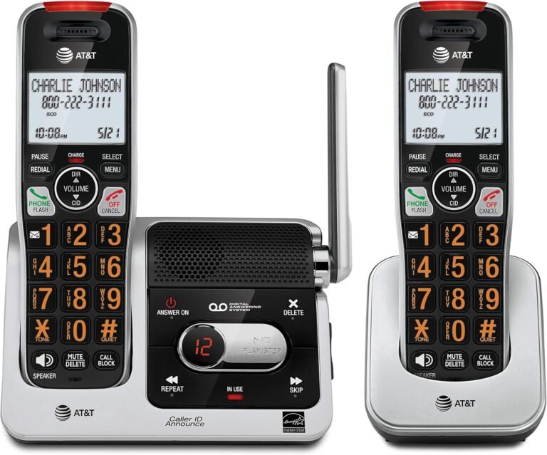 AT&T BL102-2 DECT 6.0 2-Handset Cordless Telephone for Residence with Answering Machine, Name Blocking, Caller ID Announcer, Audio Help, Intercom, and Unsurpassed Vary, Silver/Black