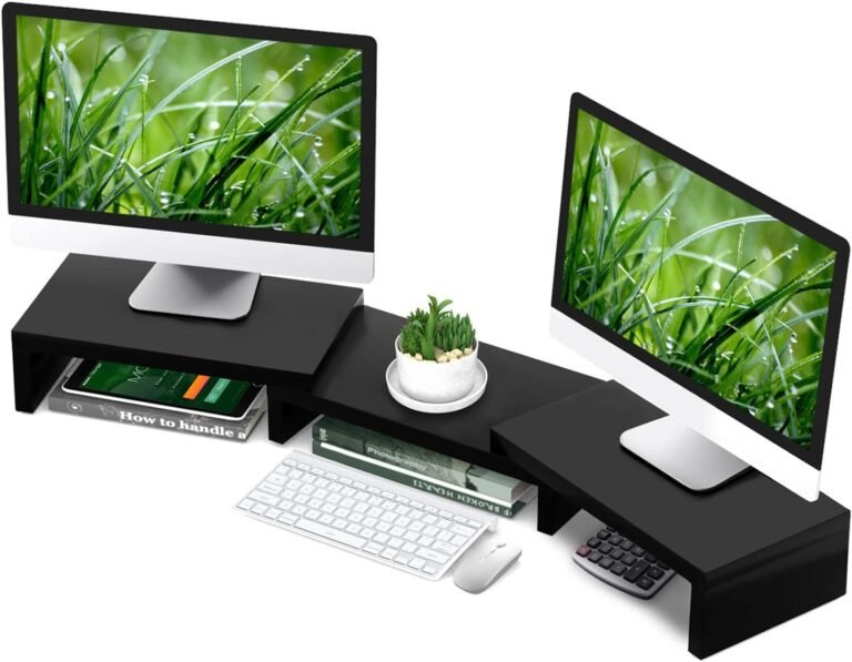 TAVR Twin Monitor Stand Riser Workplace Desktop Organizer Stand for two Screens, Adjustable Size and Angle 3 Shelf, Further Lengthy Multifunctional Stand as much as 48.2″ match Laptop, Laptop computer, TV, Black