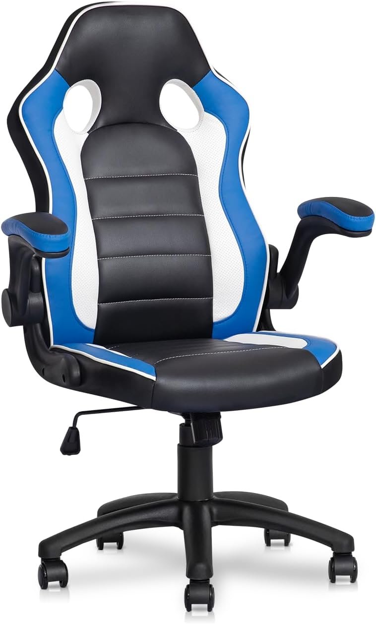 MoNiBloom Pc Gaming Chair Ergonomic Video Sport Chair with Padded Flip-up Arms for Males Girls Adults Gamer, Black/Blue