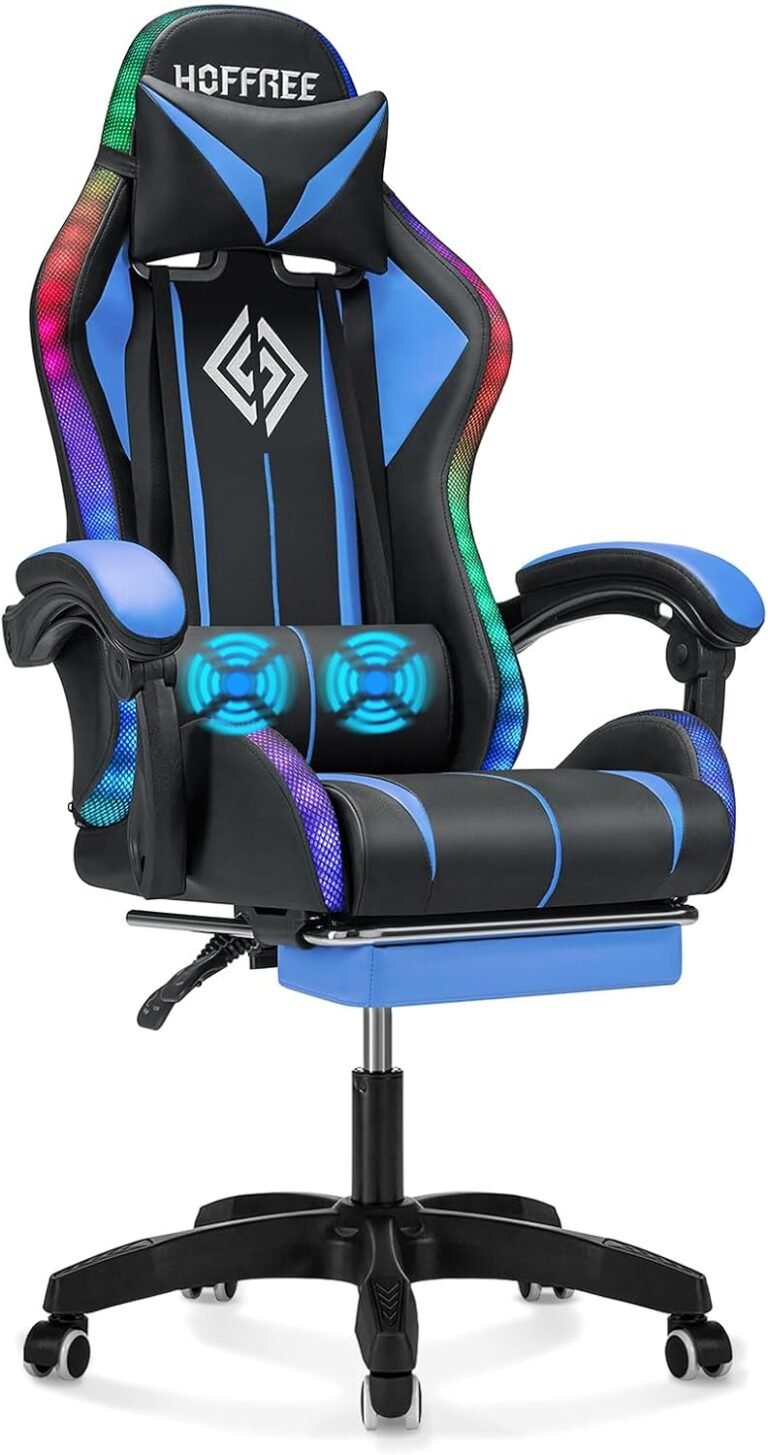 Gaming Chair Therapeutic massage with LED Lights and Ergonomic Laptop Gaming Chair with Footrest Excessive Again Video Recreation Chairs with Adjustable Lumbar Help Blue and Black