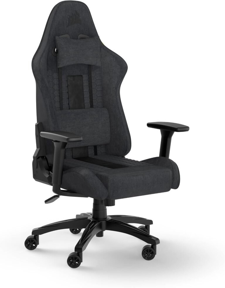 Corsair TC100 Relaxed Gaming Chair – Cloth – Racing-Impressed Design – Lumbar Pillow – Removable Reminiscence Foam Neck Pillow – Adjustable Seat Peak – Adjustable Armrests – Grey and Black