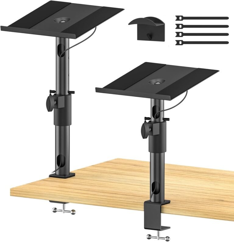 Pairs Desk Speaker Stands for KRK, Klipsch, Polk and Extra Bookshelf Audio system, Studio Monitor Stands for PreSonus, JBL Nano Ok, Adjustable Peak, Tilt & Swivel Desktop Clamp Stands Wr Headphone Holder