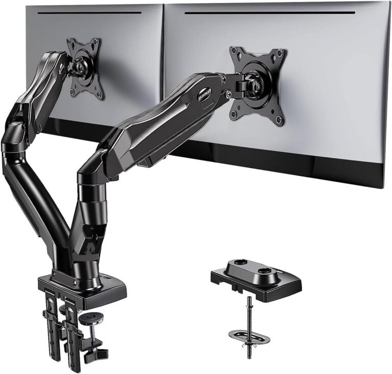 HUANUO Twin Monitor Stand – Full Adjustable Monitor Desk Mount Swivel Vesa Bracket with C Clamp, Grommet Mounting Base for 13 to 32 Inch Laptop Screens – Every Arm Holds 4.4 to 19.8lbs