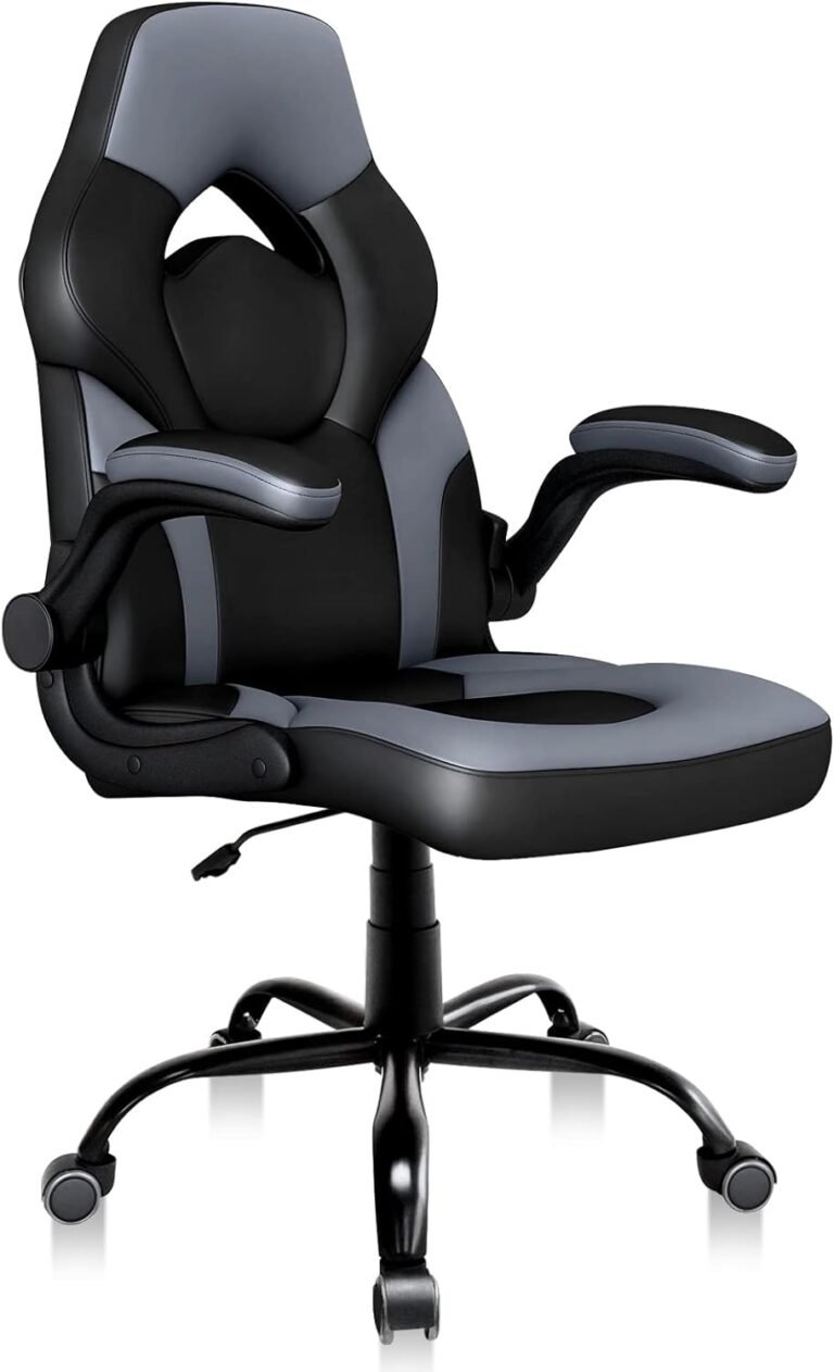 Workplace Gaming Chair with Flip-up Armrests, Ergonomic Pc Sport Chair Bonded Leather-based Swivel Desk Chair Adjustable Top Snug Upholstered Armrests(Grey)