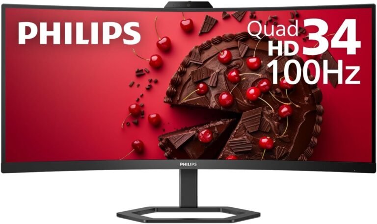 PHILIPS 34E1C5600HE 34″ UltraWide QHD 21:9 Monitor with Constructed-in Home windows Hi there Webcam & Noise Canceling Mic, USB-C Docking, Stereo Audio system, 100Hz, 4-12 months Advance Alternative