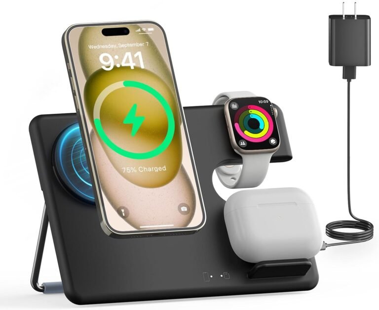Wi-fi Charger Stand for MagSafe, MGG 3 in 1 Magnetic Charging Station for iPhone 14/13/12 Professional Max/Mini/Plus, Transportable Charging Pad Dock for Apple Watch Extremely/8/7/6/5/4/3/2/SE, AirPods Professional/3/2
