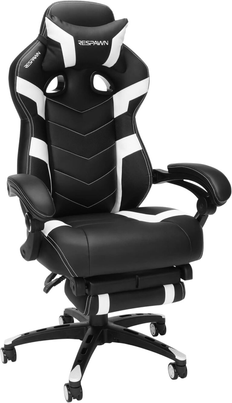 RESPAWN 110 Professional Gaming Chair – Gaming Chair with Footrest, Reclining Gaming Chair, Video Gaming Pc Desk Chair, Adjustable Desk Chair, Gaming Chairs For Adults With Headrest Pillow – White
