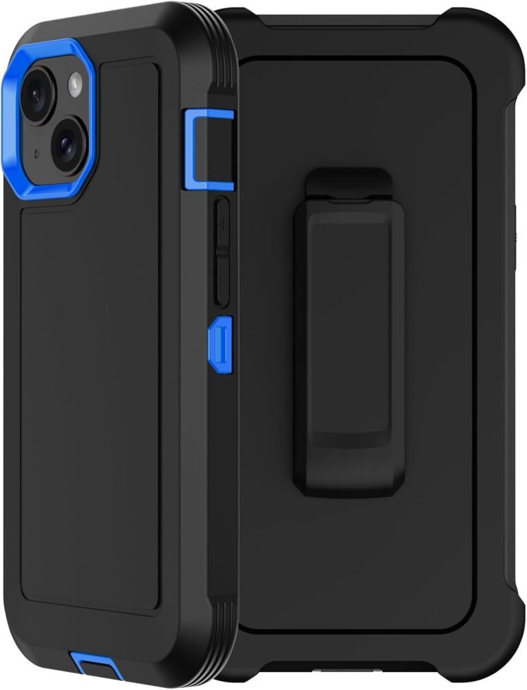 RubCase for iPhone 14 Case, iPhone 13 Case with 2X Display Protector, Twin Layer Bumper Cowl with Belt Clip Holster & Kickstand, Full Physique Heavy Obligation Telephone Case for iPhone 14/13 (Black/Blue)