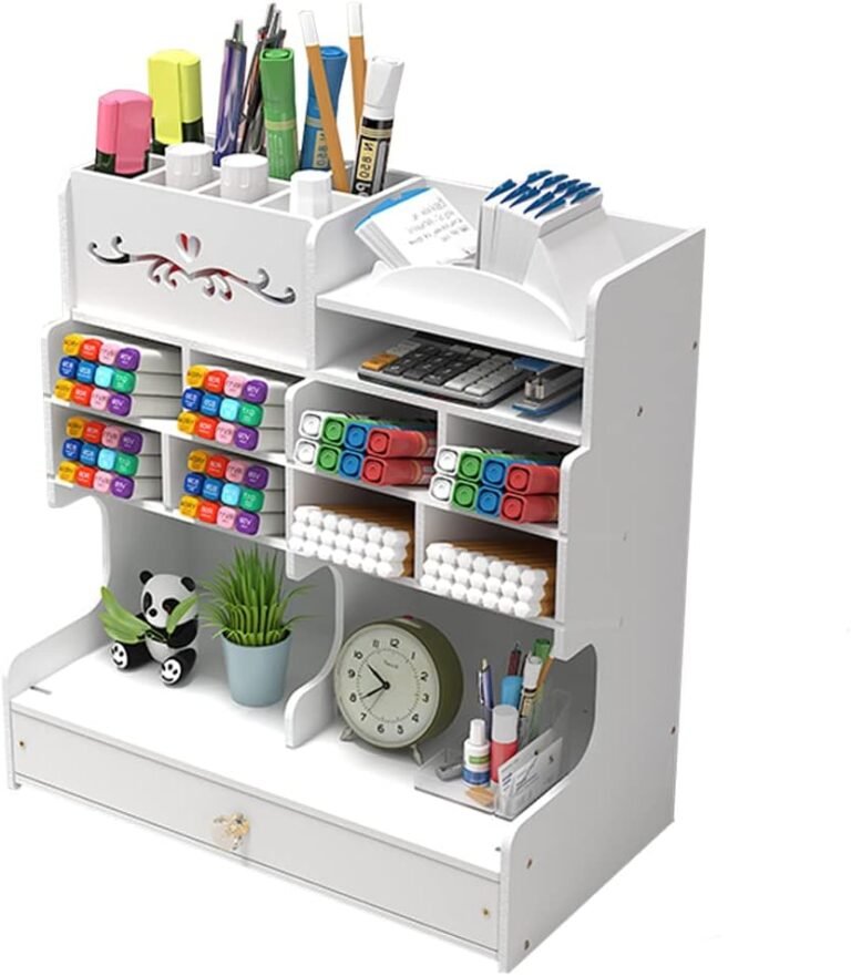 White Pen Organizer with Drawer, DIY Pencil Holder Desk Tidy Caddy Workplace Stationery Desktop Organizer for House, Workplace and College(PB18-1-White)