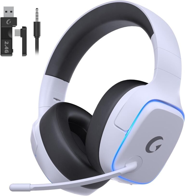 2.4GHz Wi-fi Gaming Headsets for PS5, PS4, PC, Change – Bluetooth 5.3 Gaming Headphones with Noise Canceling Mic, 7.1 Encompass Sound, 70H Battery, RGB Lights – White