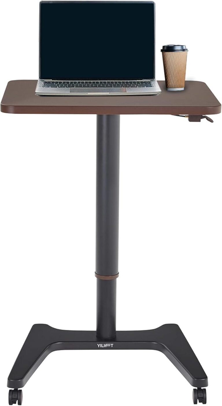 Cordless Auto-Lifting Small Standing Desk, Rolling with Casters, Adjustable Peak 29.5” to 46.9”, Desktop Measurement 26.8” by 20.5”, Colour Walnut