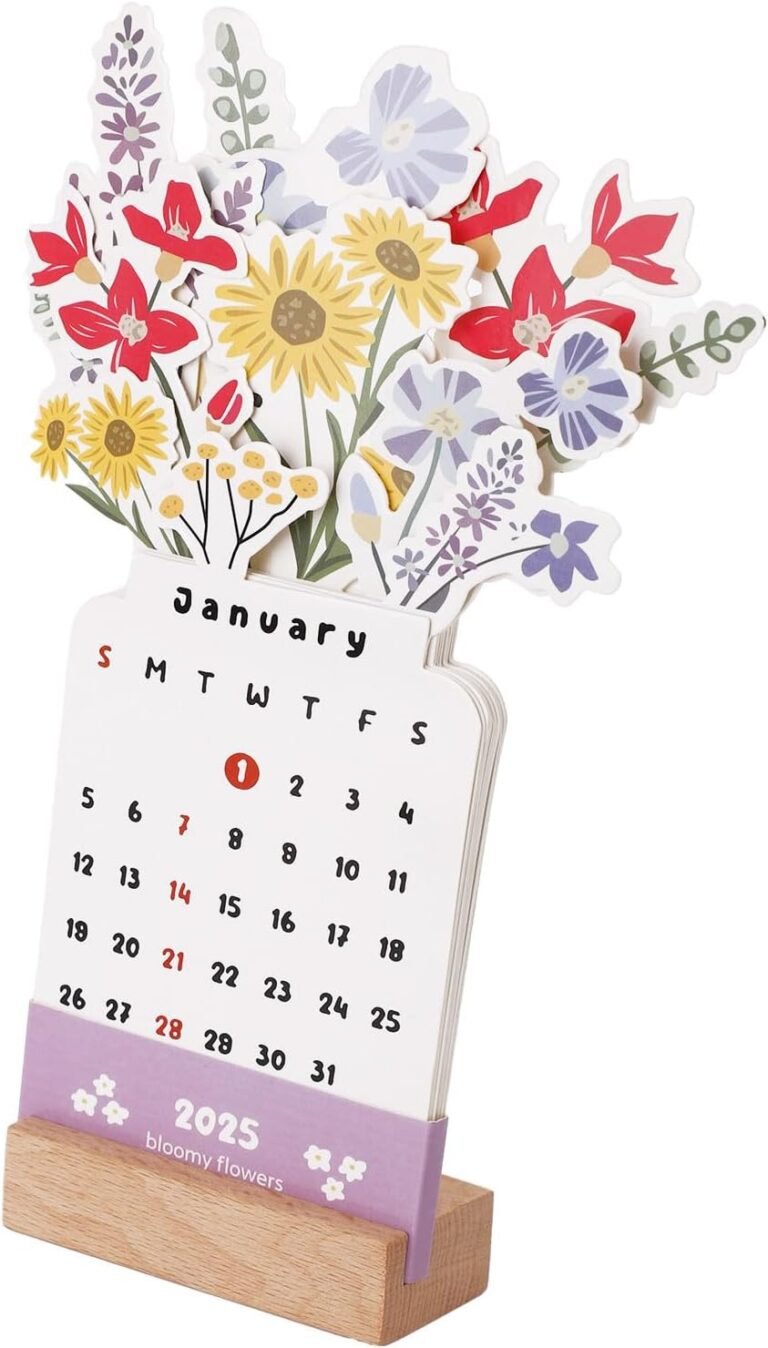 Flower Vase Calendar, Artistic Flower Desk Calendar with Wood Base Bloomy Flower Mini Desk Calendar 2025 Floral Desktop Small Desk Calendar with Base for Residence Workplace College