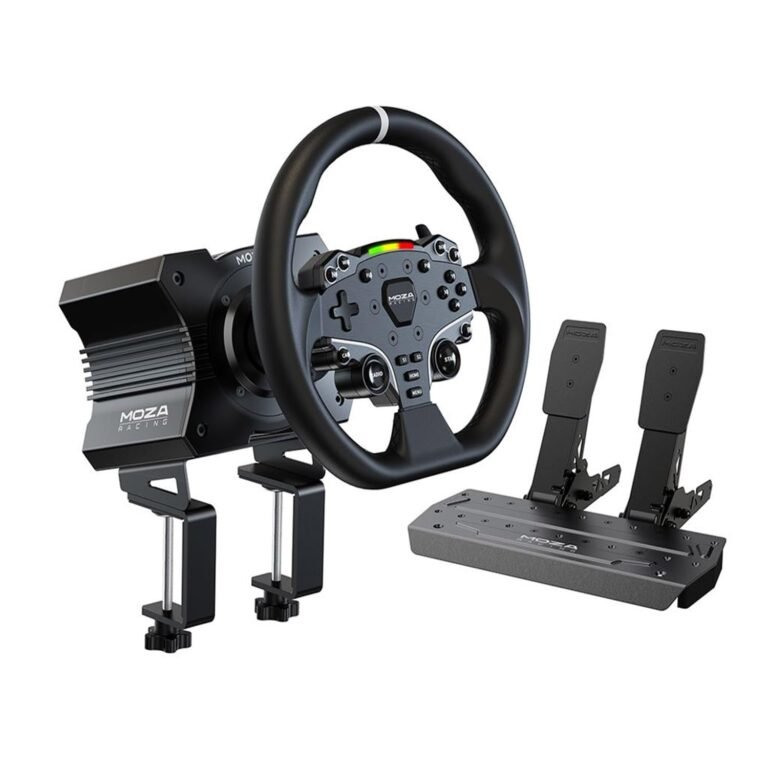 MOZA R5 All-in-One PC Gaming Racing Simulator 3PCS Bundle: 5.5Nm Direct Drive Wheel Base, 11-inch Racing Wheel, Anti-Slip Pedals and a Desk Clamp, Cloud-based App Management