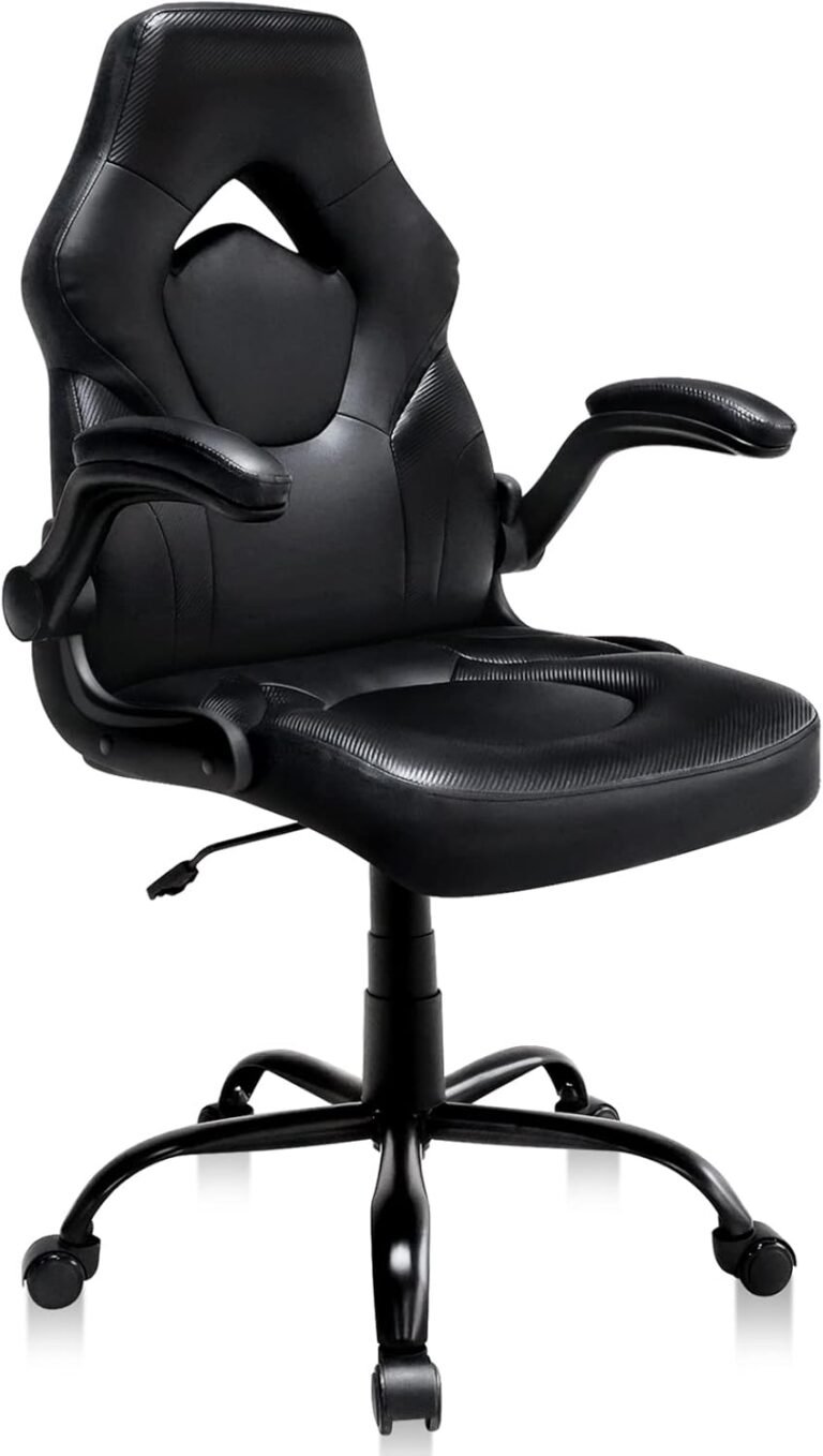 Workplace Gaming Chair with Flip-up Armrests, Ergonomic Pc Sport Chair Bonded Leather-based Swivel Desk Chair Adjustable Top Snug Upholstered Armrests(Black)