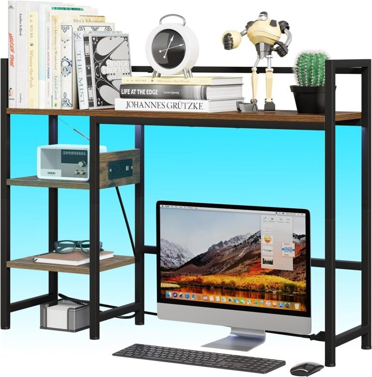 LED Desk Shelf, 38.6″ Desktop Organizer Shelf with Charging Station, Desk Hutch for Prime of Desk, 3 Tier Adjustable Desktop Bookshelf for Dorm or Workplace, Rustic Brown