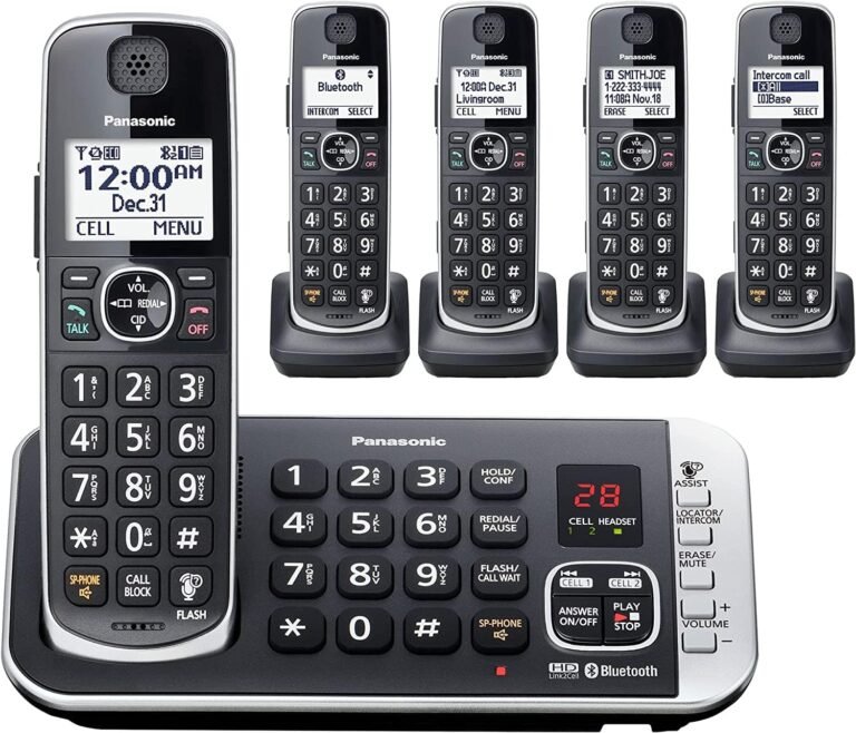 Panasonic Link2Cell Bluetooth DECT 6.0 Expandable Cordless Cellphone System with Answering Machine and Enhanced Noise Discount – 5 Handsets – KX-TGE675B (Black)