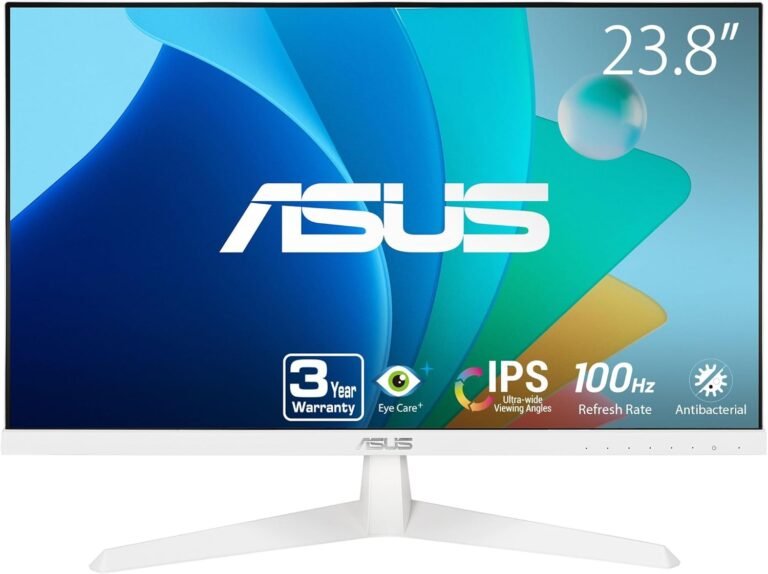 ASUS Eye Care 23.8” 1080P Gaming Monitor (VY249HF-W) – Full HD, IPS, 100Hz, IPS, SmoothMotion, 1ms, Adaptive Sync, Eye Care Plus Know-how, Blue Mild Filter, Flicker Free, 3 yr Guarantee