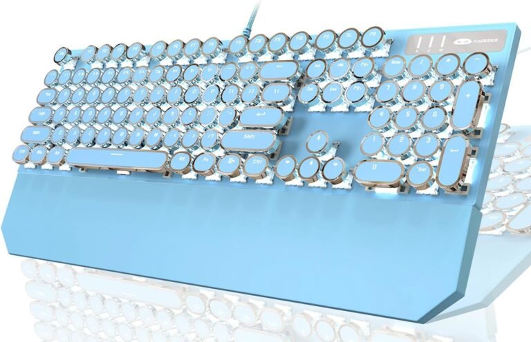 Typewriter Fashion Mechanical Gaming Keyboard,Retro Punk Gaming Keyboard with White Backlit, 104 Keys Blue Change Wired Cute Keyboard with Removable Wrist Relaxation,Blue Keyboard for Workplace/PC/Laptop computer