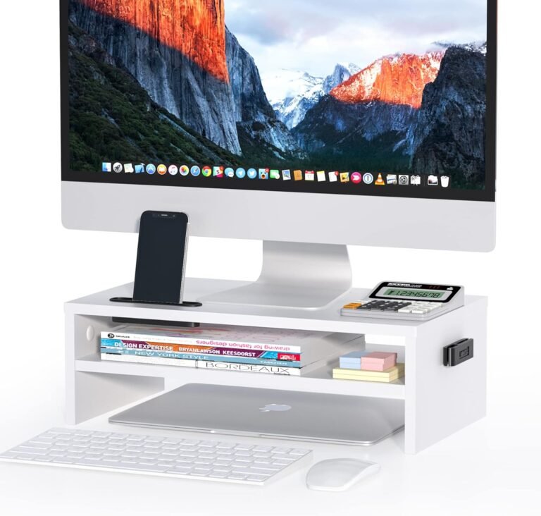 BONTEC Monitor Stand Riser White, 2 Tiers Wooden Monitor Riser Stand with Storage Organizer, Desktop Ergonomic Monitor Stand Riser with Cellphone Holder and Cable Administration, 16.5 Inch Desk Shelf