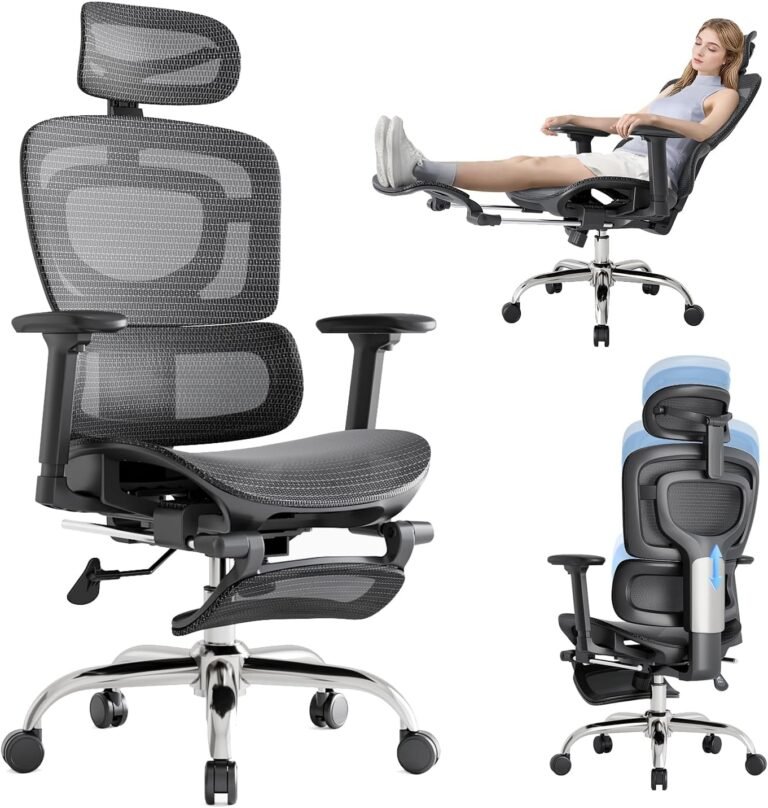 Ergonomic Workplace Chair, Breathable Mesh Chair with Adaptive Lumbar Help, 3D Headrest, Armrests, Retractable Footrest, and a Six-Place Adjustable Backrest, Workplace Desk Chair Black