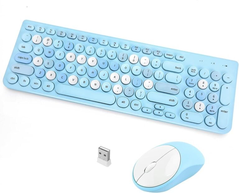 Wi-fi Keyboard and Mouse Combo, Retro Typewriter Wi-fi Keyboard with Spherical Keycaps, 2.4GHz Full-Dimension USB Cute Wi-fi Keyboard Mouse for Laptop, Desktop, Laptop computer (Blue Colourful)