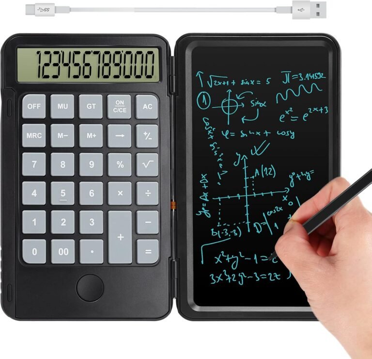 Hion Calculators,12-Digit Massive Show Rechargeable Pocket Workplace Desktop Calculator with Erasable Wiriting Pill,Mute Fundamental Desk Calculators with Doodle Pad for Pupil House Faculty,Black