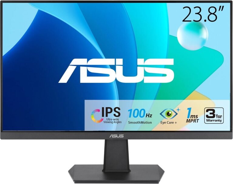 ASUS 24” (23.8-inch viewable) 1080P Eye Care Monitor (VA24EHF) – IPS, Full HD, Frameless, 100Hz, 1ms, Adaptive-Sync, for Working and Gaming, Low Blue Mild, HDMI, VESA Mountable, Tilt, BLACK