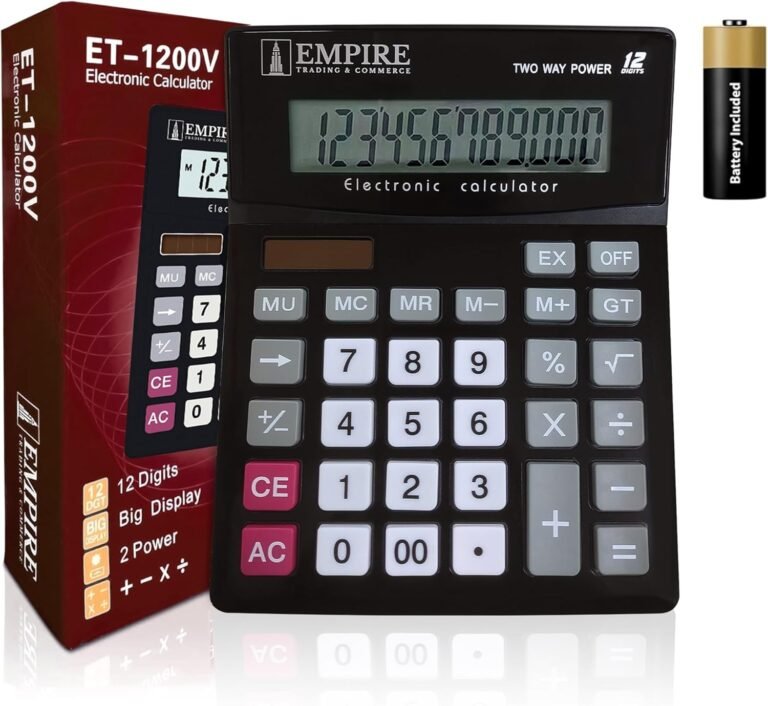 Empire Desk Calculator with Massive Key Buttons, 12 Digits, Massive Eye-Angled Show, Photo voltaic and Battery Powered for Residence and Workplace (Battery Included)
