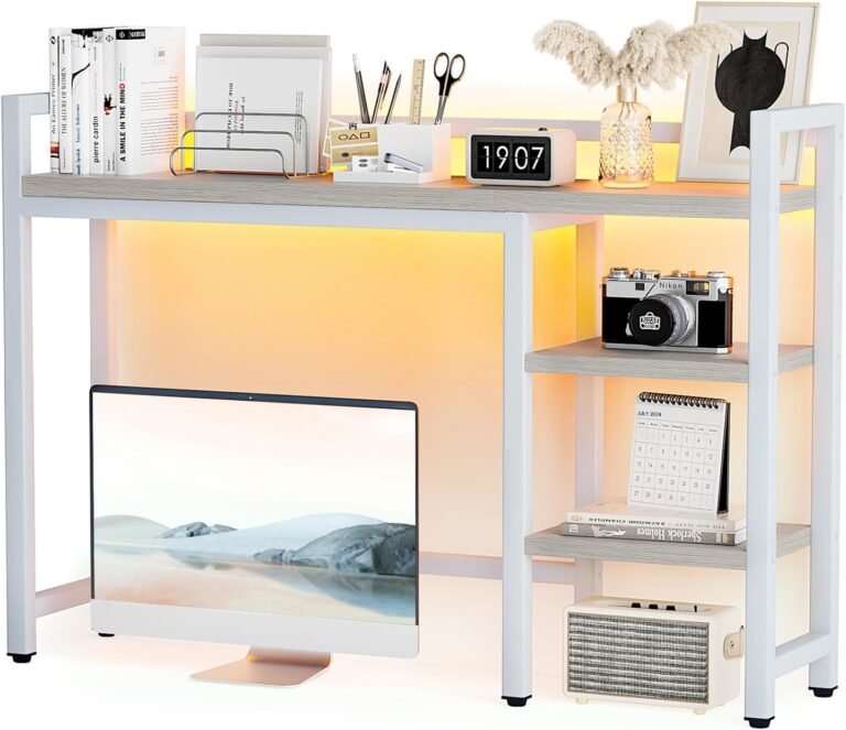 Desk Hutch, 4 Tier Desktop Shelf With RGB Gentle Strip, 16 Colours & 4 Modes, 38.5″ Desk Organizer Shelf for Max 28″ Pc Monitor, Picket Desktop Bookshelf, Desk Shelf for Residence Workplace Dorm Kitchen