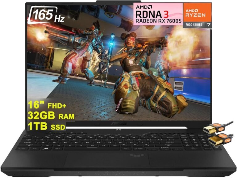 ASUS TUF Gaming A16 Laptop computer 16″ FHD+ 165Hz 7ms 100% sRGB AMD Octa-core Ryzen 7 7735HS 32GB RAM 1TB SSD Radeon RX 7600S 8GB Graphic (>RTX 4060) Backlit USB-C USB4 Quick Charging Win11 + HDMI Cable