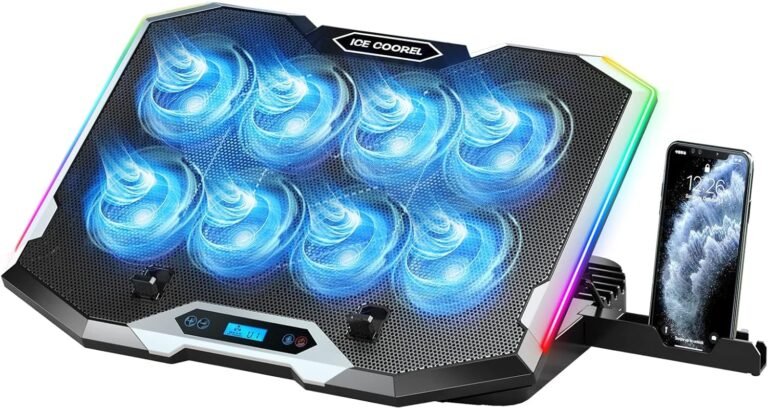 ICE COOREL Gaming Laptop computer Cooling Pad with 8 Cooling Followers, Laptop computer Fan Cooler Pad for 15-17.3 Inch, Pocket book Cooler Stand with 6 Top Adjustable, RGB Cooling Pad with Two USB Port + Cellphone Stand