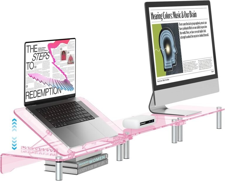 Pink Acrylic Twin Monitor Stand for Desk,Adjustable Laptop computer Stand Riser,Ergonomic Desk Laptop Monitor Riser Holder Appropriate for two Screens, Desktop, Laptop computer, PC, Printer, TV Display screen
