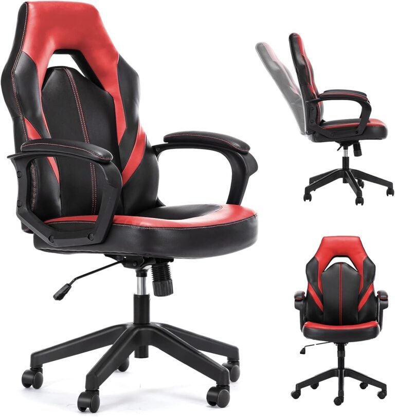 MCQ Ergonomic Laptop Chair with Padded, Lumbar Assist and Seat Cushion, Rocking Perform, PU Leather-based, 360 Diploma Swivel, for Gaming, Examine, Working, Mounted Armrest, Crimson