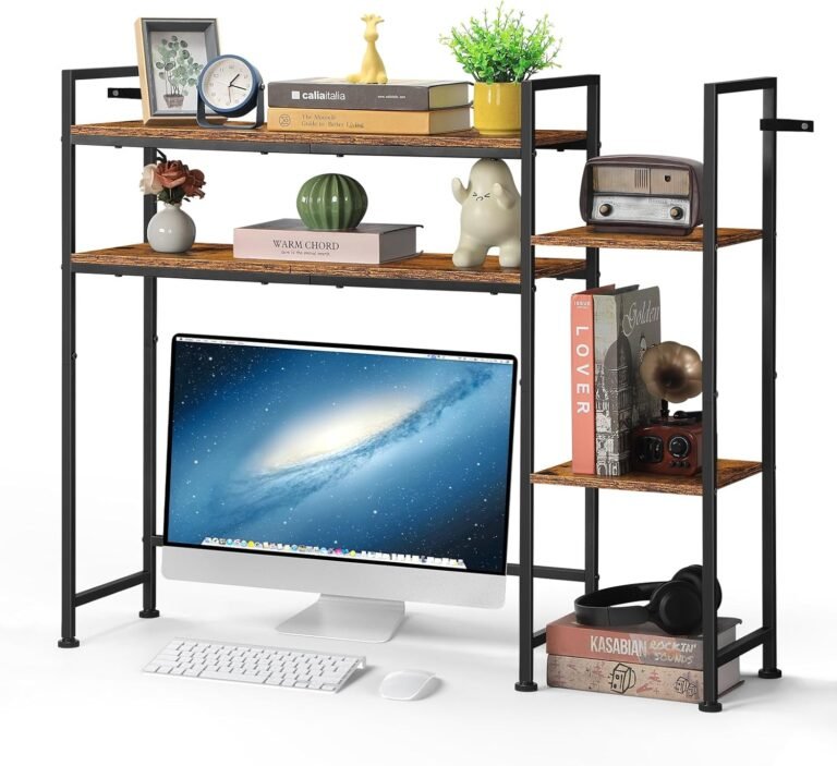 YBING Desktop Bookshelf, Desk Hutch Dorm, 4 Tier Desk Organizer Shelf Wooden Over Pc Desk Cabinets Multipurpose Desk High Storage Show Rack for House Workplace, Rustic Brown