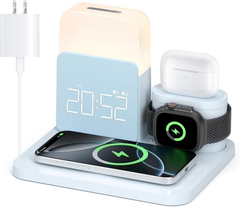 7 in 1 Wi-fi Charging Station, Alarm Clock with Wi-fi Charger for Bedrooms, Magazine-Protected Charger with Night time Mild Bedside Clock for iPhone 16 15 14 13 12 Professional Max, Apple Watch, AirPods