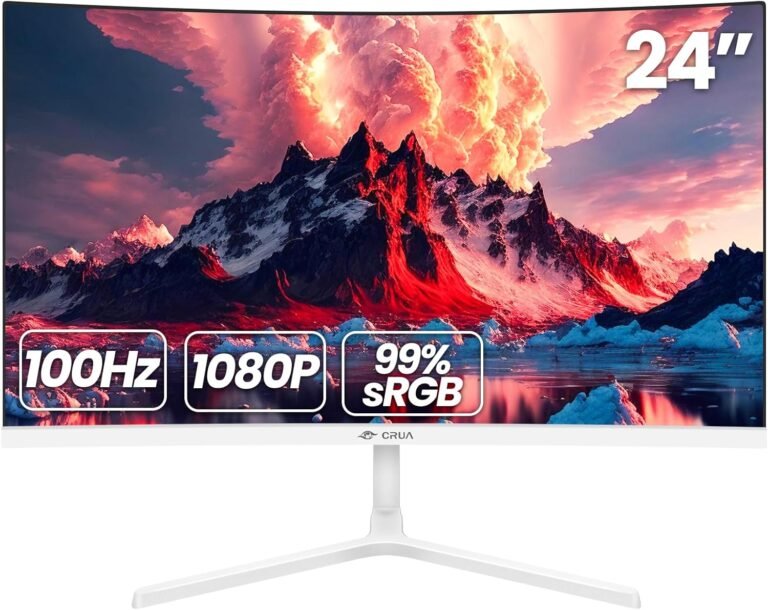 CRUA 24 Inch Curved Monitor, FHD(1920×1080P) 100HZ 99% sRGB Laptop Screens, Slim Bezels on Three Sides, Blue Gentle Filter PC Monitor for Residence, Workplace and Dormitory(HDMI, VGA)-White