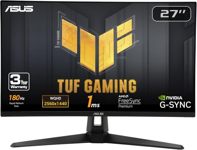 ASUS TUF Gaming 27” 1440P HDR Monitor (VG27AQ3A) – QHD (2560 x 1440), 180Hz, 1ms, Quick IPS, 130% sRGB, Excessive Low Movement Blur Sync, Audio system, Freesync Premium, G-SYNC Appropriate, HDMI, DisplayPort