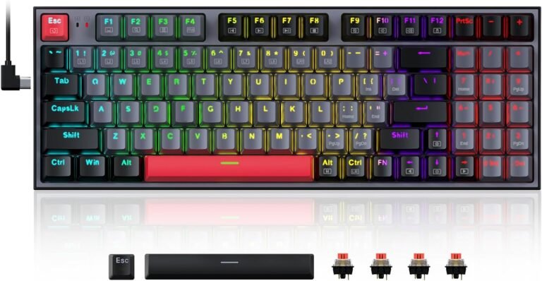 Redragon Mechanical Gaming Keyboard, Wired Mechanical Keyboard with 94 Keys, Programmable Macro Enhancing, Numeric Pad, Pink Switches, Compact Keyboard Mechanical for Laptop Mac Ipad, Grey Black