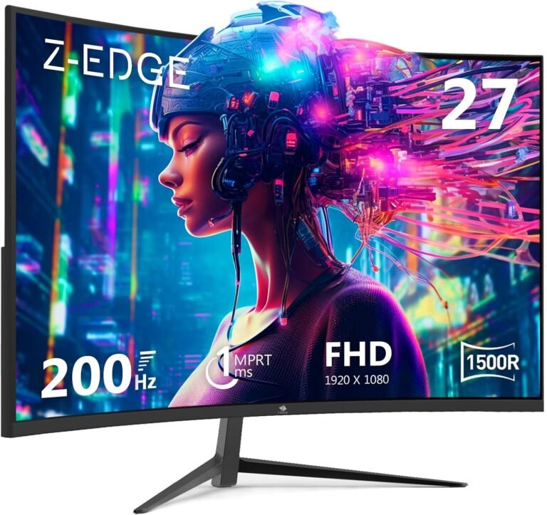 Z-Edge UG27 27-inch Curved Gaming Monitor 16:9 1920×1080 200Hz 1ms Frameless LED Gaming Monitor, AMD Freesync Premium Show Port HDMI