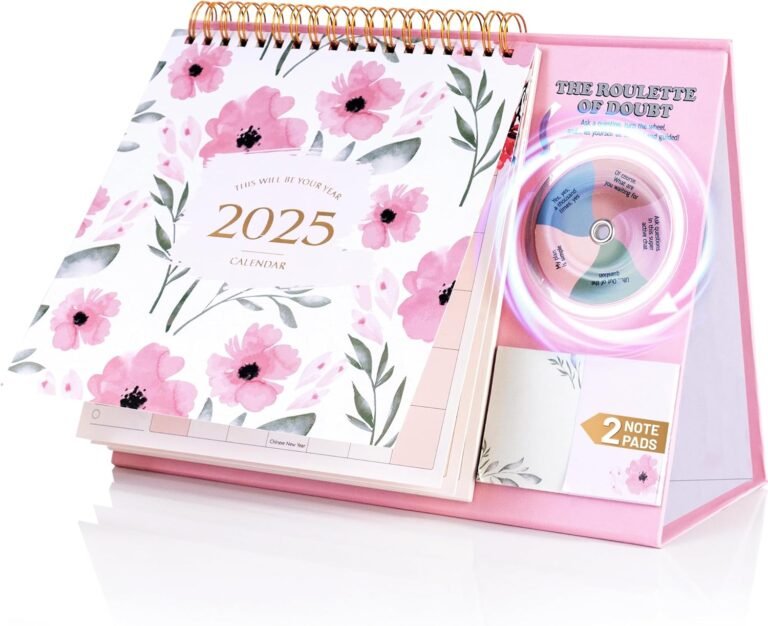 CAGIE Desk Calendar 2025 Standing Flip, Small Desk Calendar 2025 Arise Desk Calendar from Jan 2025 – Dec 2025, Desktop Calendar 2025 with Sticky Notes and Roulette, 9.5″×7.2″, Bloomy Flowers Pink