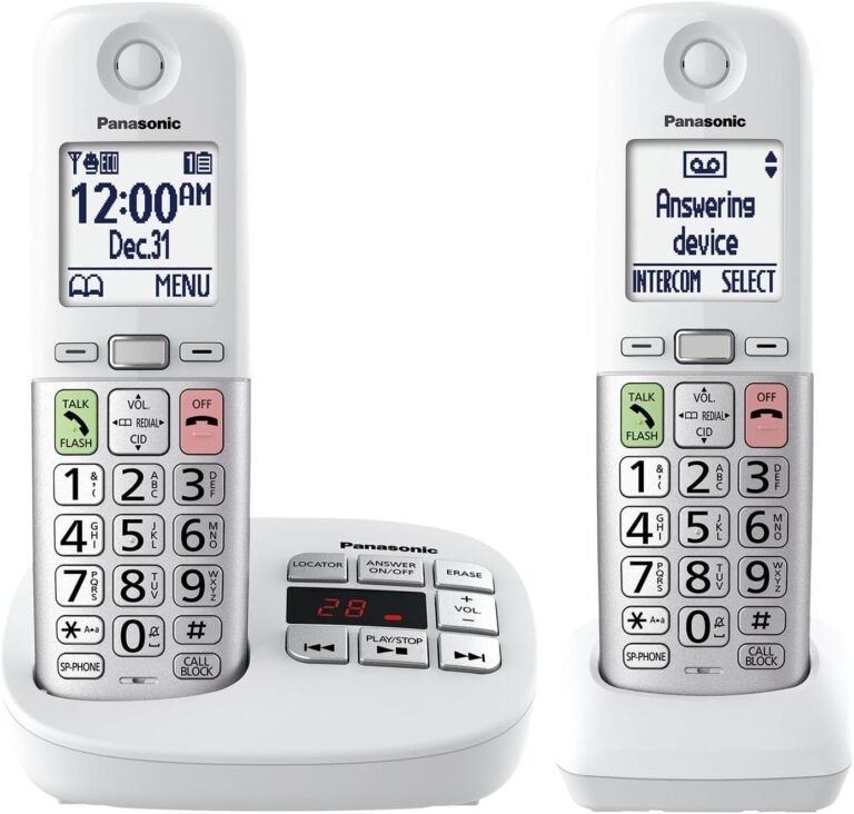 Panasonic Cordless Telephone, Straightforward to Use with Massive Show and Massive Buttons, Flashing Favorites Key, In-built Flashlight, Name Block, Quantity Enhance, Speaking Caller ID, 2 Cordless Handsets – KX-TGU432W