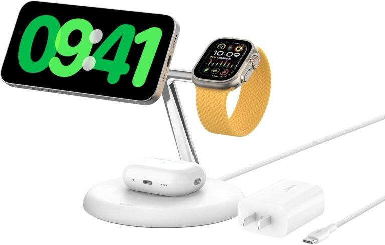 Belkin MagSafe-Appropriate 3-in-1 Wi-fi Charger Stand 15W – Qi2-Licensed Wi-fi Charging Station, Quick Charging iPhone Charger for iPhone 16, AirPods, & Apple Watch – 36W Charger Included – White