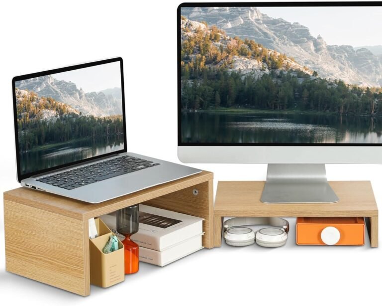 TEAMIX Pull Out Monitor Stand Riser-2 Pack,Wooden 2 Tier Adjustable Monitor Stand Twin Monitor Riser for two Screens/Laptop computer/PC Laptop Stand Desktop Area Saver…