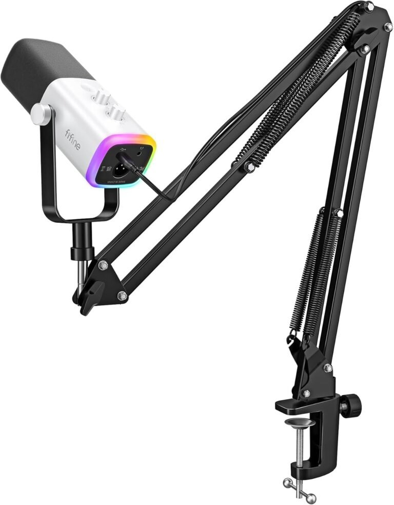 FIFINE Gaming XLR/USB Microphone Equipment, Streaming Dynamic Mic Set for PC, Laptop Mic for Vocal Podcast Recording Voiceover, with Headphones Jack, Achieve Knob, Arm Stand-AmpliGame AM8T White