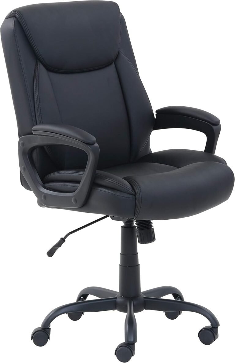 Amazon Fundamentals Traditional Puresoft PU Padded Mid-Again Peak Adjustable Workplace Laptop Desk Chair with Armrest, 26″D x 23.75″W x 42″H, Black
